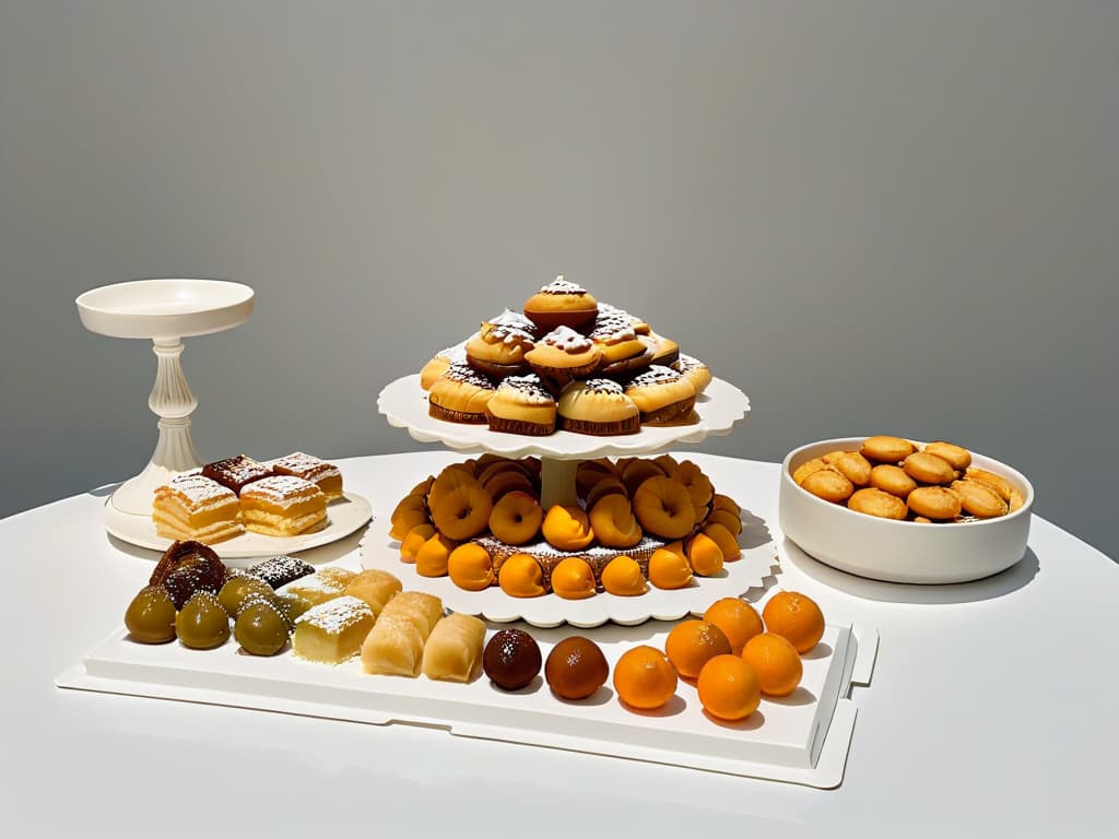  An intricately designed, minimalistic illustration of a traditional Greek dessert table, showcasing a variety of pastries like Baklava, Galaktoboureko, and Loukoumades. The pastries are elegantly arranged on delicate ceramic plates, with a backdrop of a subtle Grecian pattern in soft, muted colors. The image exudes sophistication and cultural richness, perfectly complementing the informative and professional tone of the article on the significance of Greek pastry in dessert history. hyperrealistic, full body, detailed clothing, highly detailed, cinematic lighting, stunningly beautiful, intricate, sharp focus, f/1. 8, 85mm, (centered image composition), (professionally color graded), ((bright soft diffused light)), volumetric fog, trending on instagram, trending on tumblr, HDR 4K, 8K