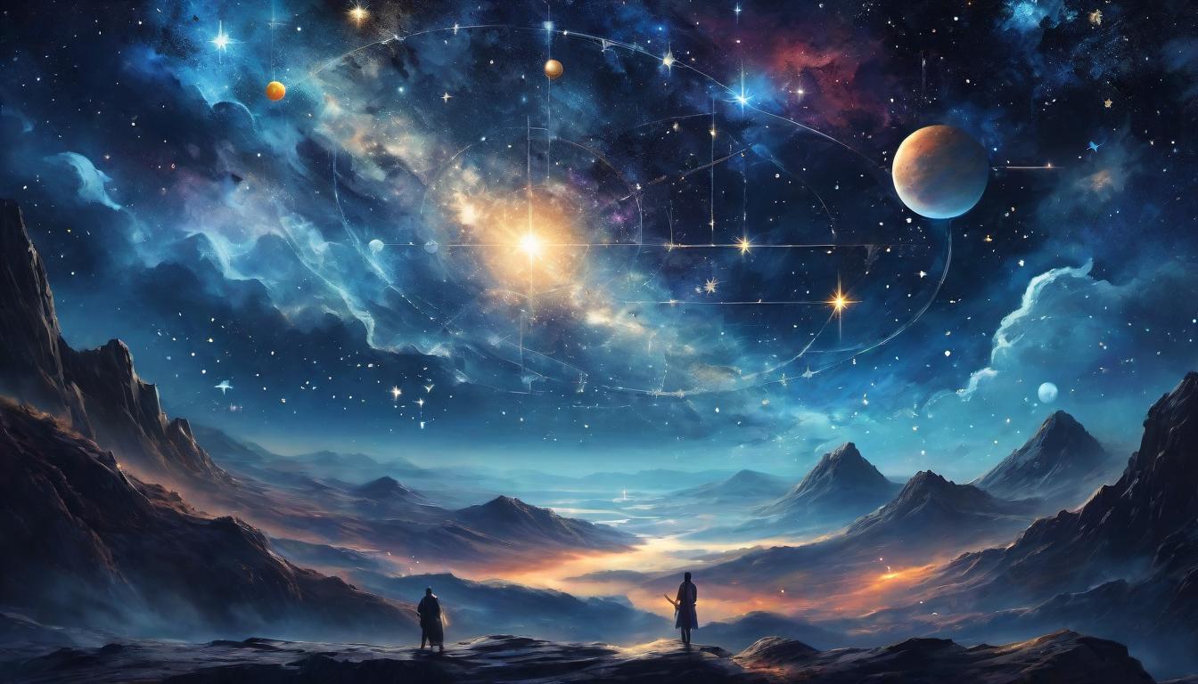  digital illustration, A cosmic canvas painted with insightful symbols, job offers as stars in a constellation, divine guidance, celestial advice, looking at viewer, dynamic pose, (intricate details, masterpiece, best quality)