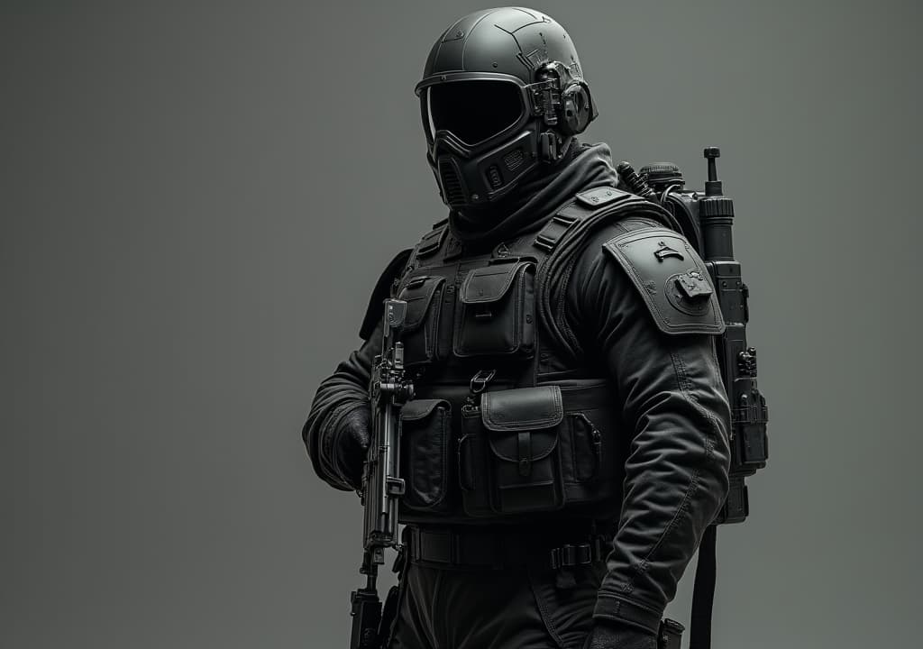  good quality, high quality, a black ops soldier, armed with very sleek looking equipments, anodized finish and cnc cut aluminium etc on his suit, pockets and tools and minimalist weapons