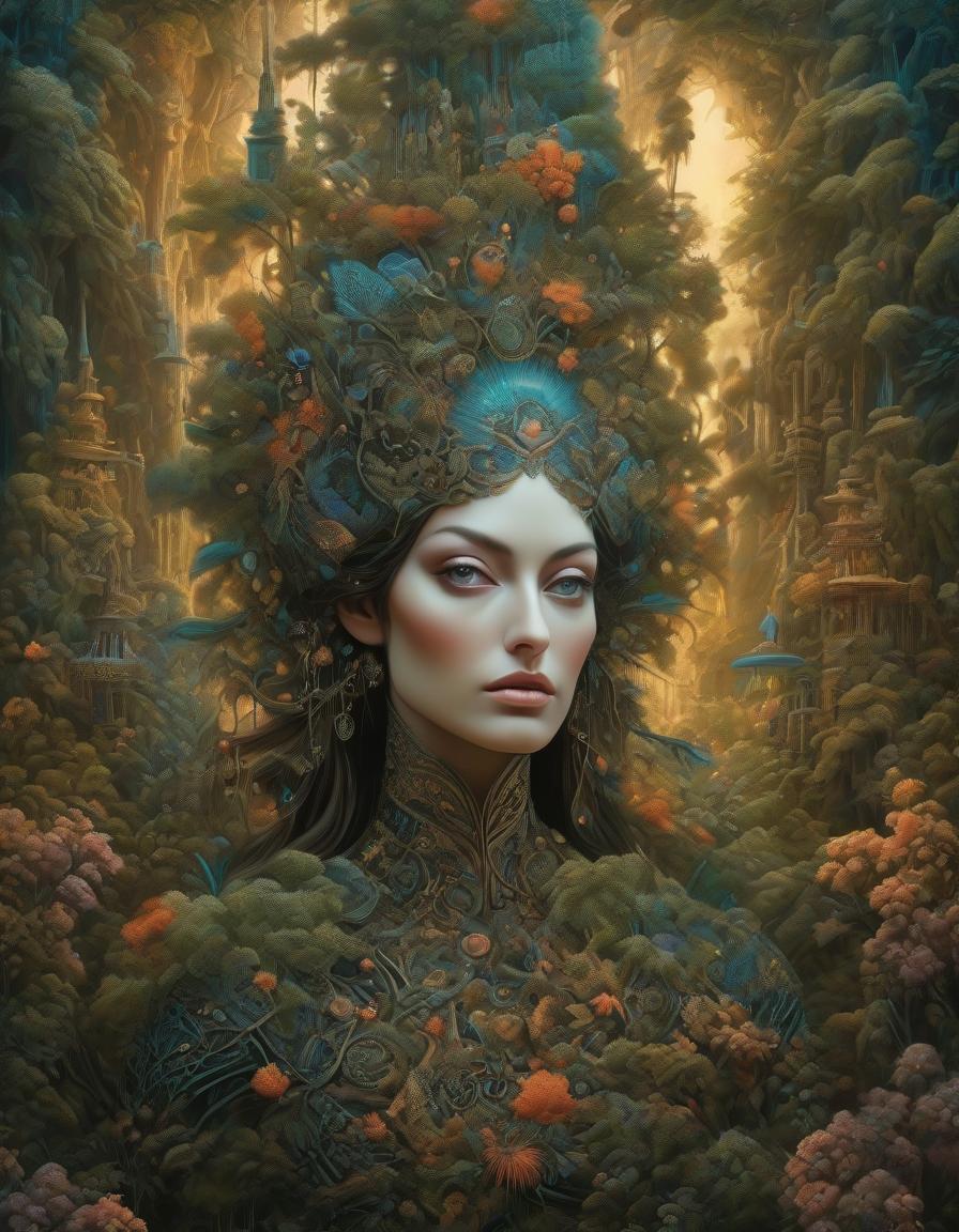  surrealist art A stunning digital painting of a mysterious forest woman with intricate details, geometric patterns, and surreal elements. The artwork is highly detailed, photorealistic, and beautifully balanced, showcasing a masterful blend of fantasy and realism. . dreamlike, mysterious, provocative, symbolic, intricate, detailed hyperrealistic, full body, detailed clothing, highly detailed, cinematic lighting, stunningly beautiful, intricate, sharp focus, f/1. 8, 85mm, (centered image composition), (professionally color graded), ((bright soft diffused light)), volumetric fog, trending on instagram, trending on tumblr, HDR 4K, 8K