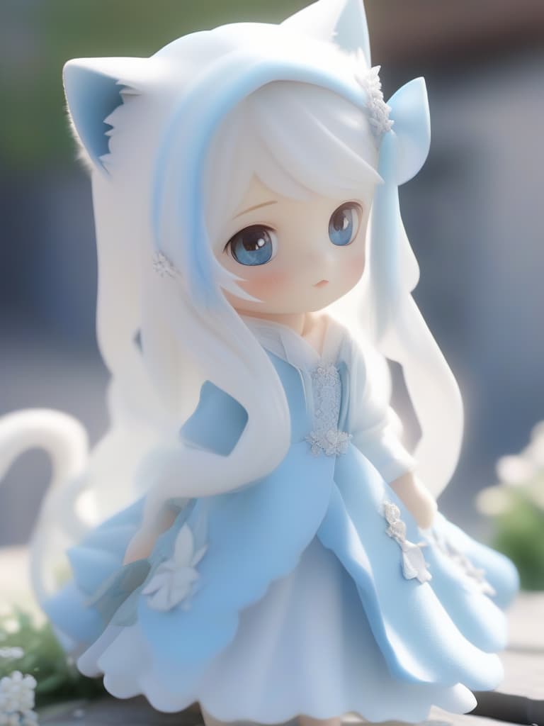  White long hair, cat ears, light blue eyes, small girls, light blue and white dresses, standing, whole body, masterpiece, best quality,8k,ultra detailed,high resolution,an extremely delicate and beautiful,hyper detail