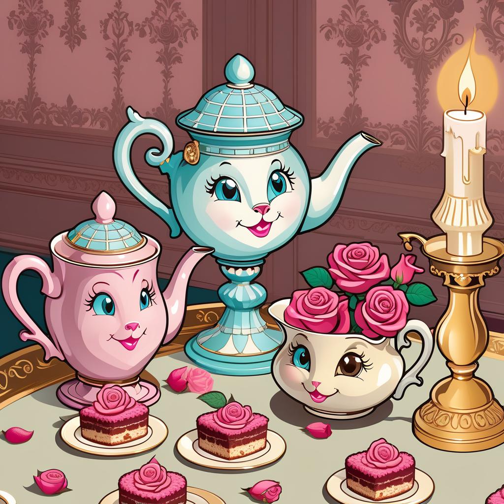  fairy tale (Background:interior). (Wallpaper):dark chocolate colour with beige monogram patterns. An antique dining table covered with a white tablecloth. On the table a gilded candlestick with a burning candle, two teapots and one cup with tea roses, plates with sponge cakes with raspberry cream. Rose petals are scattered around the set. (Tea set design): the first teapot on a high openwork leg of mint and turquoise colour, with a kind smile and blue eyes, with a blue blue wide checkerboard lid. The second teapot is pink in colour, with mother of pearl, blue eyes, with a blue pink checkered lid. (Rose cup): cream coloured with big brown eyes and a wide smile. Inside it is a bouquet of scarlet coloured tea roses. Style:anthropomorphic, fant hyperrealistic, full body, detailed clothing, highly detailed, cinematic lighting, stunningly beautiful, intricate, sharp focus, f/1. 8, 85mm, (centered image composition), (professionally color graded), ((bright soft diffused light)), volumetric fog, trending on instagram, trending on tumblr, HDR 4K, 8K