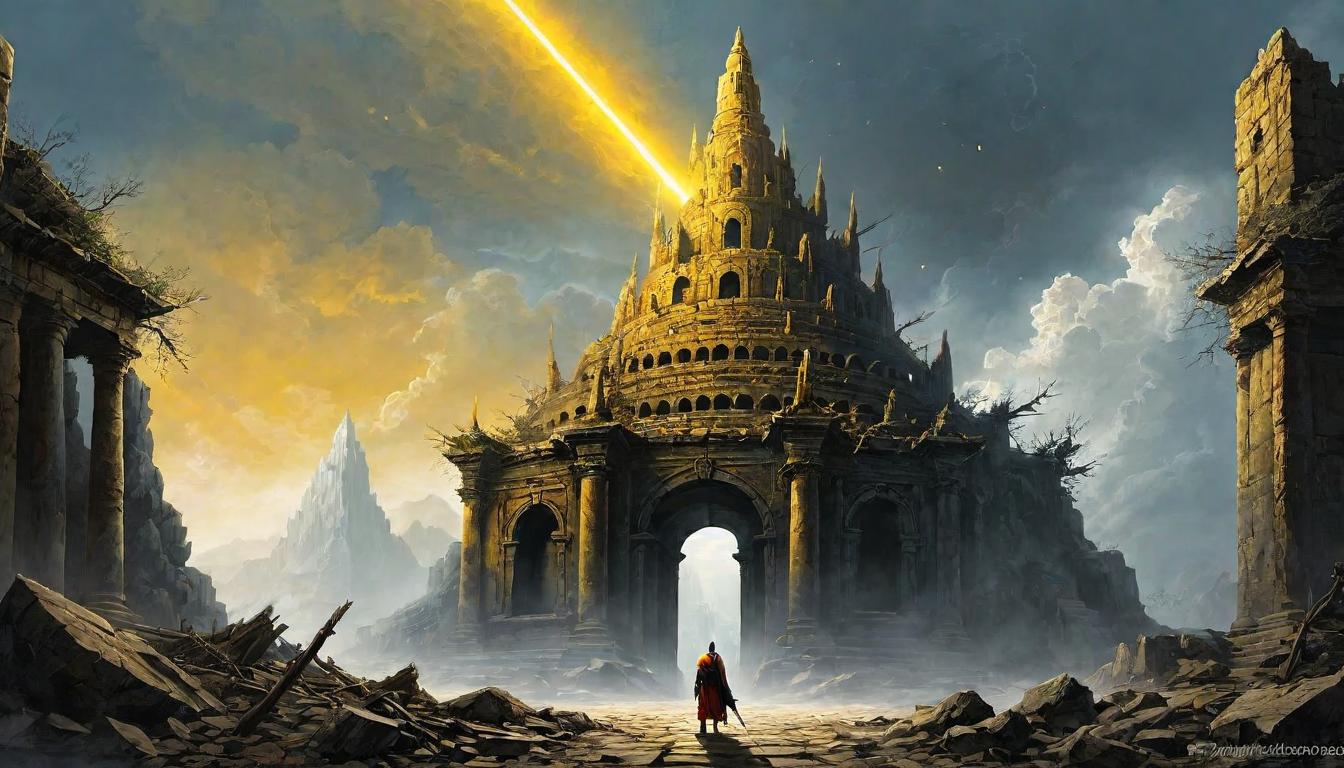  （surrealism)A person standing tall amidst ruins, golden aura emanating around them, ruins symbolizing past defeats, individual radiating strength, victorious, triumphant mystic, intricate details, best quality)