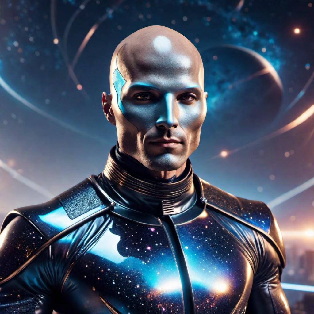  (((superior celestial bald universal god))), posing chad, sharp jawline, shiny galaxy skin, confident pose, complete body covered with galaxy suit including mask, black shiny eyes, unreal engine, cyberpunk, shimmering light