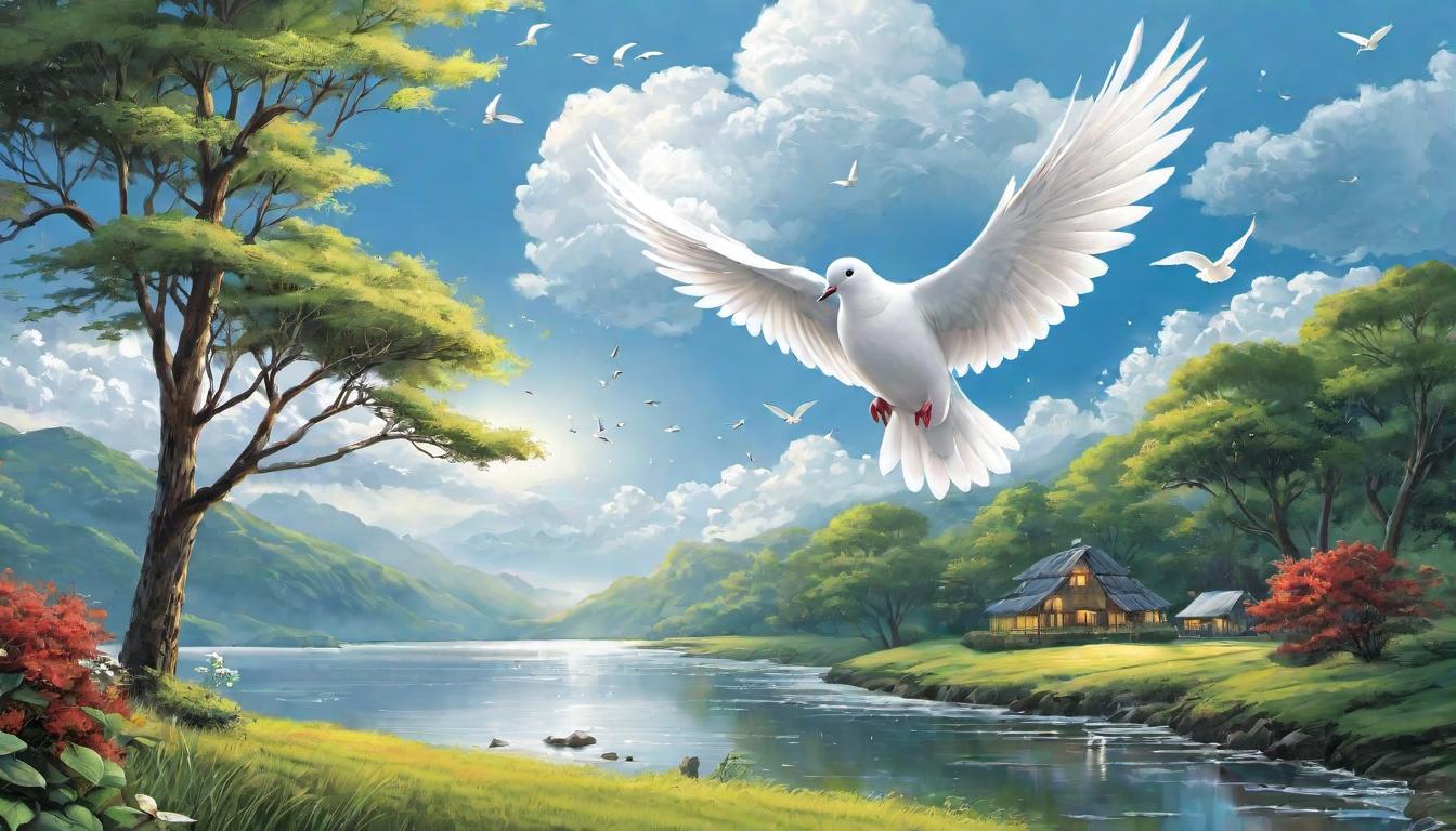  digital illustration, Dove feathers falling gently over a peaceful landscape, departure, peace filled heart, serene transition, looking at viewer, dynamic pose, (intricate details, masterpiece, best quality)