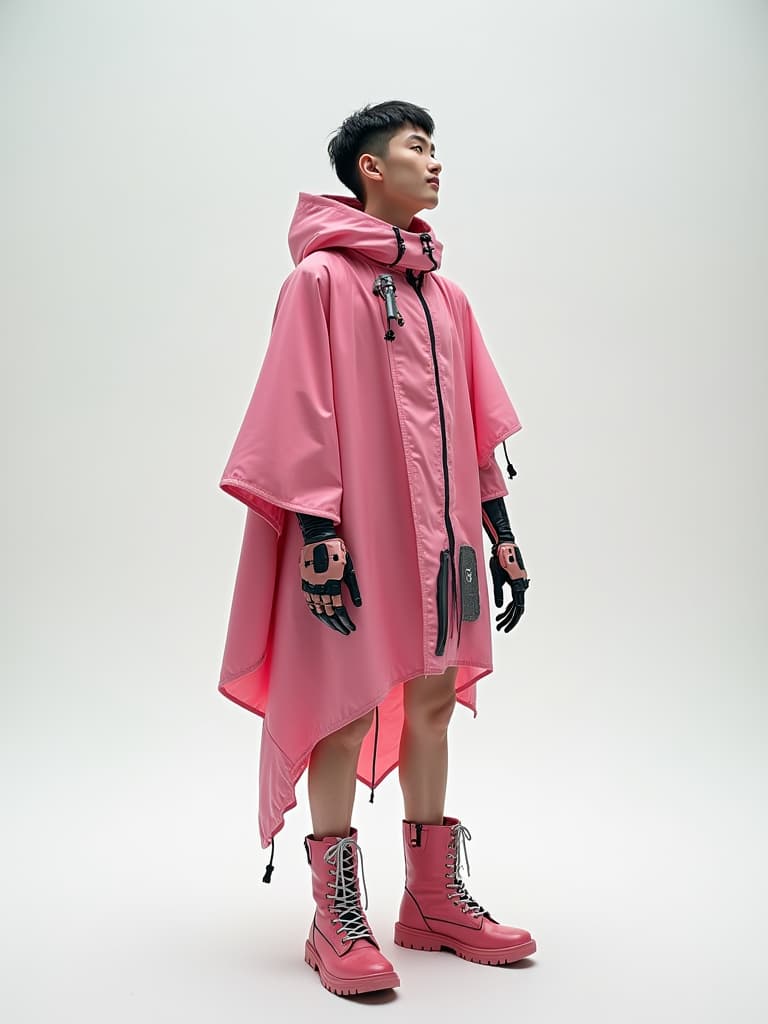  capture an editorial photograph of a gender fluid asian ager, aged 16 19, featuring a full body pose in a clean, minimalist studio setting with a white background. the , styled in a sci fi movie still look reminiscent of gundam or evangelion, exhibits a unique fishbone id and a slight smile while looking upward. they are dressed in a metal poncho and combat boots, incorporating anime and cyborg elements like robotic prosthetics and a futuristic weapon arm. the color scheme showcases a pink flamingo (rgb 255, 102, 255) backdrop, complemented by mantis (rgb 116, 195, 101) and accented with cinnabar (rgb 227, 66, 52), creating a visually captivating bokeh effect.