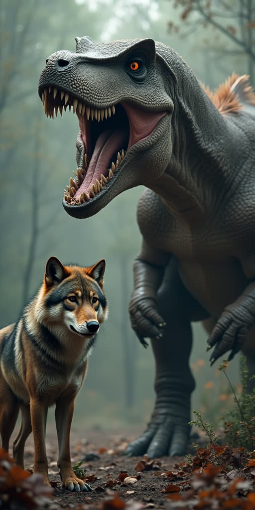  good quality, high quality, a wolf standing right next to a tyrannosaurus, epic, realistic, highly detailed