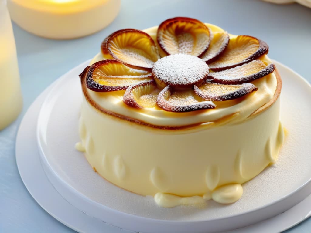  A closeup, ultradetailed image of a perfectly baked Pastel de Nata, showcasing its flaky, goldenbrown crust filled with a creamy custard center, sprinkled with a light dusting of cinnamon on top. The layers of pastry are delicately fluted, and the custard is smooth with just a hint of caramelization on the edges, all set on a simple, elegant white ceramic plate with a subtle texture that enhances the contrast of colors and textures in the dessert. The lighting is soft, emphasizing the rich hues and inviting texture of this authentic Portuguese treat. hyperrealistic, full body, detailed clothing, highly detailed, cinematic lighting, stunningly beautiful, intricate, sharp focus, f/1. 8, 85mm, (centered image composition), (professionally color graded), ((bright soft diffused light)), volumetric fog, trending on instagram, trending on tumblr, HDR 4K, 8K