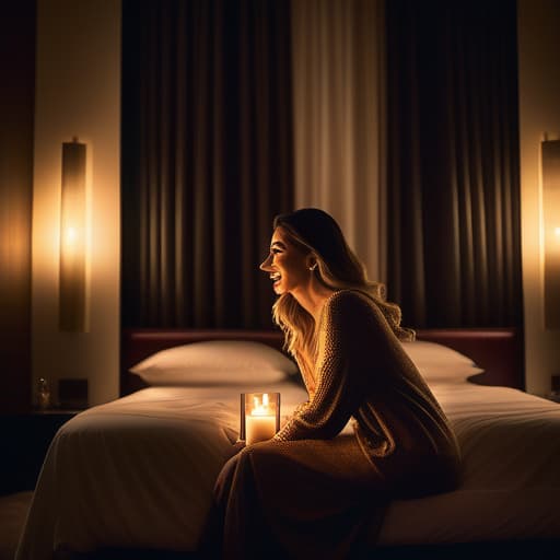  Excited young woman sitting on edge of king size bed surrounded by lit candle lights in dark luxury hotel room. Cosy romantic atmosphere. Warm welcoming lighting. hyperrealistic, full body, detailed clothing, highly detailed, cinematic lighting, stunningly beautiful, intricate, sharp focus, f/1. 8, 85mm, (centered image composition), (professionally color graded), ((bright soft diffused light)), volumetric fog, trending on instagram, trending on tumblr, HDR 4K, 8K