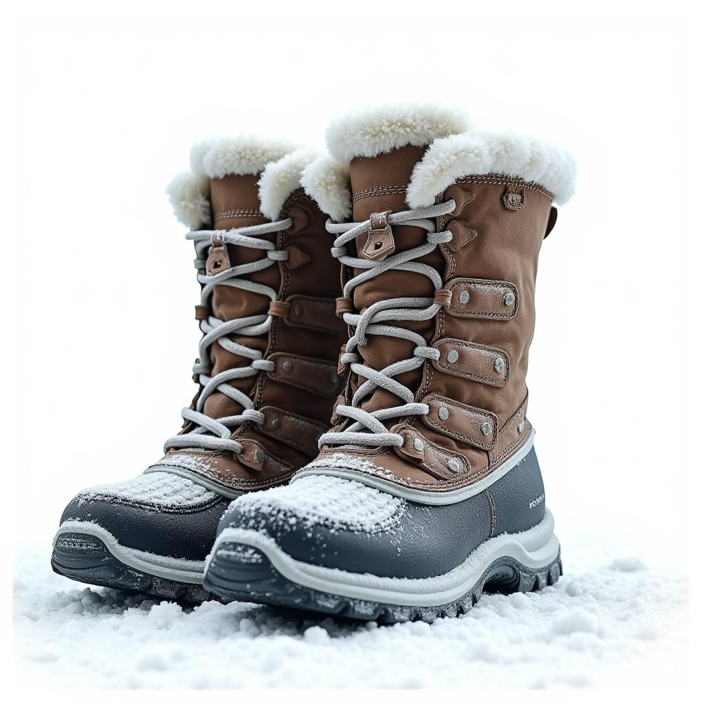  good quality, high quality, 3d flying winter boots with frost covered soles isolated on white winter adventure gear & fashion icon, close up details on soles