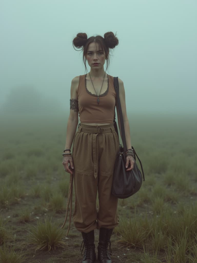  this editorial photography features a non binary senior with brunette hair styled in double buns. they are dressed in a bohemian outfit, complemented by combat boots and a tote bag as an accessory. the photo is captured using a leica sl2, known for its premium build and quality output, with a prime 35mm f/1.8 lens. the film used is cinestill 800t to enhance the foggy lighting ambiance, creating an intriguing visual texture.