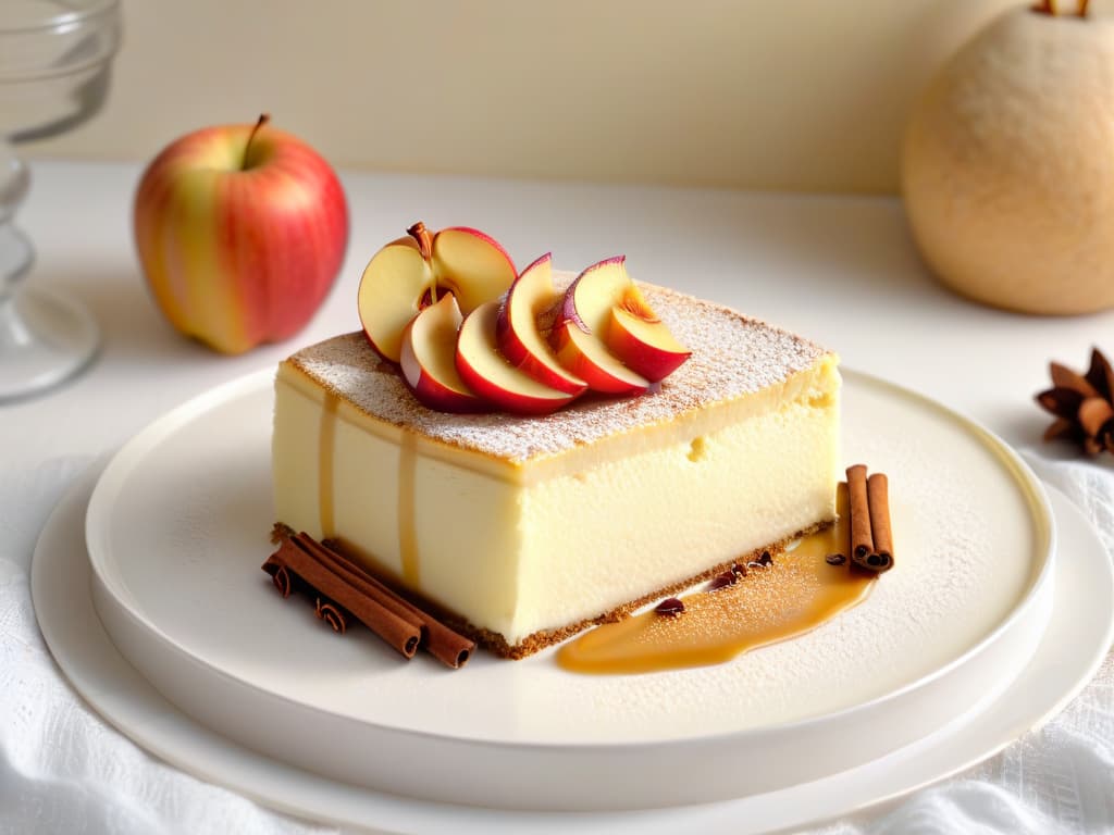  A closeup, ultradetailed image of a decadent slice of apple cinnamon cheesecake topped with a light dusting of cinnamon powder. The cheesecake sits on a sleek, white plate, showcasing its creamy texture and layers of spiced apples. The lighting is soft, highlighting the glossy finish of the dessert, with a subtle hint of steam rising from the warm slice, evoking a sense of comfort and autumnal indulgence. hyperrealistic, full body, detailed clothing, highly detailed, cinematic lighting, stunningly beautiful, intricate, sharp focus, f/1. 8, 85mm, (centered image composition), (professionally color graded), ((bright soft diffused light)), volumetric fog, trending on instagram, trending on tumblr, HDR 4K, 8K