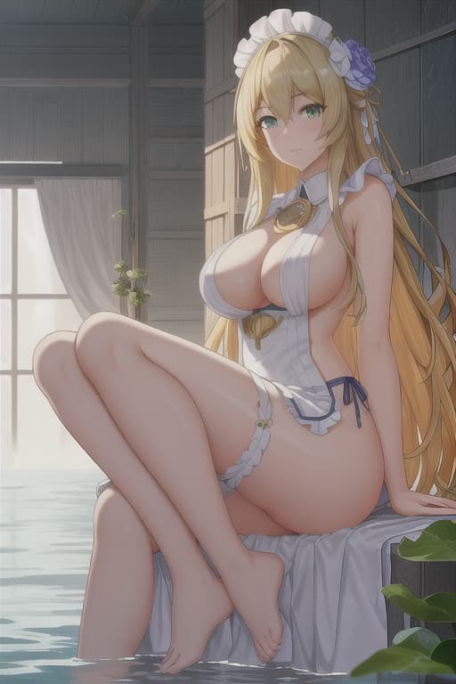  (score 9,score 8 up,score 7 up,),1girl,solo,maid,maid headdress,looking at viewer,outdoor,lake,apron,blonde hair,indoors,green eyes,bare foot,two feet in the water lotus flower sex stunny hyperrealistic, full body, detailed clothing, highly detailed, cinematic lighting, stunningly beautiful, intricate, sharp focus, f/1. 8, 85mm, (centered image composition), (professionally color graded), ((bright soft diffused light)), volumetric fog, trending on instagram, trending on tumblr, HDR 4K, 8K