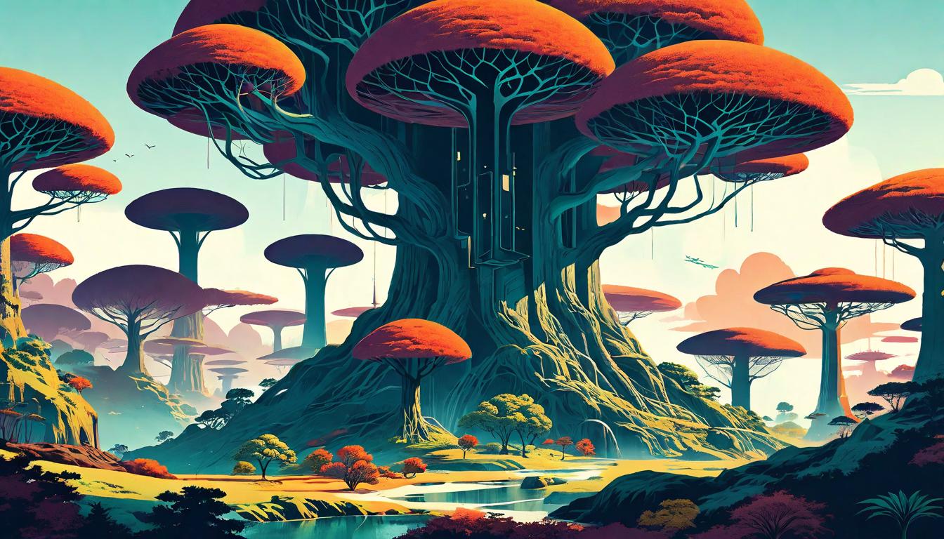  retro futuristic A network of trees with intertwined roots, visible beneath the earth – representing connectedness. Mood: grounded, united. Style: earthy tones, intricate root details. lvintage sci fi, 50s and 60s style, atomic age, vibrant, highly detailed