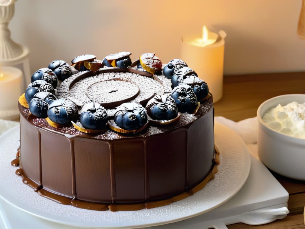  A closeup, photorealistic image of a decadent chocolate cake drizzled with rich, golden yacón syrup, with fresh berries and a dusting of powdered sugar on top. The glossy glaze of the syrup glistens under warm lighting, highlighting the intricate details of the cake's texture and the vibrant colors of the berries. This mouthwatering image evokes a sense of luxury and indulgence, perfect for enticing readers to explore the exotic possibilities of yacón syrup in their baking adventures. hyperrealistic, full body, detailed clothing, highly detailed, cinematic lighting, stunningly beautiful, intricate, sharp focus, f/1. 8, 85mm, (centered image composition), (professionally color graded), ((bright soft diffused light)), volumetric fog, trending on instagram, trending on tumblr, HDR 4K, 8K