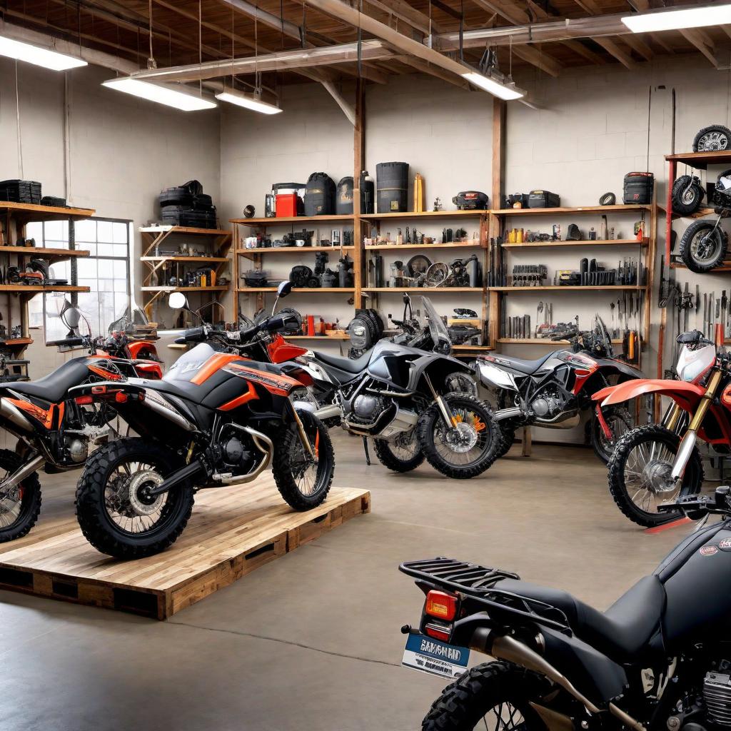  a visually captivating picture representing a side-by-side and motorcycle ATV repair shop. The image should include a detailed and realistic repair shop environment with mechanics working on both a side-by-side vehicle and a motorcycle ATV. The shop should be well-equipped with tools and parts, and should give an impression of professionalism and reliability. Make sure the shop's branding is visible with a fictional logo that is catchy and suggests expertise in ATV repairs. hyperrealistic, full body, detailed clothing, highly detailed, cinematic lighting, stunningly beautiful, intricate, sharp focus, f/1. 8, 85mm, (centered image composition), (professionally color graded), ((bright soft diffused light)), volumetric fog, trending on instagram, trending on tumblr, HDR 4K, 8K