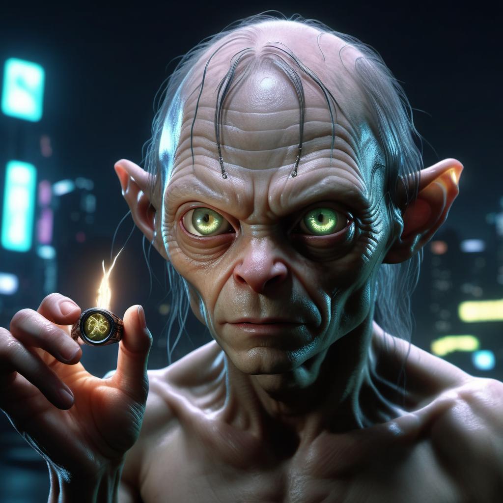  hyperrealistic art cyberpunk-gollum from lotr he looks at the glowing ring he holds in his hand, cyberpunk style, neon aesthetic, cyberpunk aesthetic, octane render, ultra realism, night city on background . extremely high-resolution details, photographic, realism pushed to extreme, fine texture, incredibly lifelike