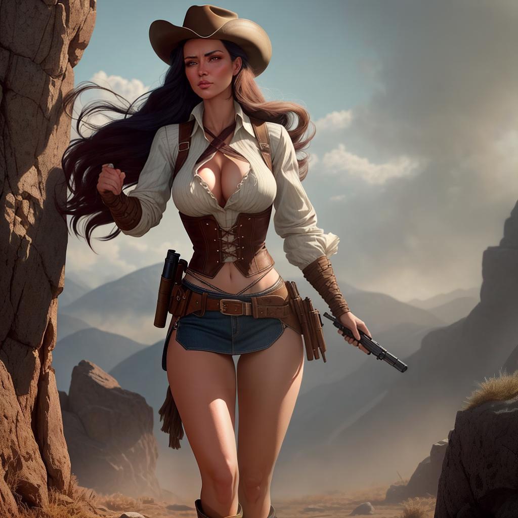  a tough western cowgirl full body, has been on the trail for days. She's tired, hungry, and her nerves are frayed. Suddenly, she hears a noise from behind her and instinctively reaches for her gun. As she turns to face her potential threat, the camera captures her in a classic Gil Elvgren pose::5, with her long hair blowing in the wind and her gun held confidently in her hand. full body, The photo is taken with the latest high-quality camera and lens, and edited in the style of Gil Elvgren, with rich, bold colors, color, The result is a stunning image that perfectly captures the spirit of the Wild West and your protagonist's strength and determination. hyperrealistic, full body, detailed clothing, highly detailed, cinematic lighting, stunningly beautiful, intricate, sharp focus, f/1. 8, 85mm, (centered image composition), (professionally color graded), ((bright soft diffused light)), volumetric fog, trending on instagram, trending on tumblr, HDR 4K, 8K