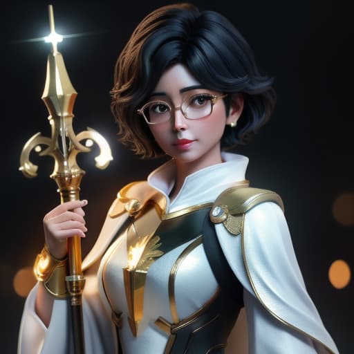  A superhero woman dressed in white and golden magic bodysuit, golden rays come from her body, a beautiful holy woman with magical staff , glasses, and short black hair, , hyperrealistic, high quality, highly detailed, cinematic lighting, intricate, sharp focus, f/1. 8, 85mm, (centered image composition), (professionally color graded), ((bright soft diffused light)), volumetric fog, trending on instagram, HDR 4K, 8K