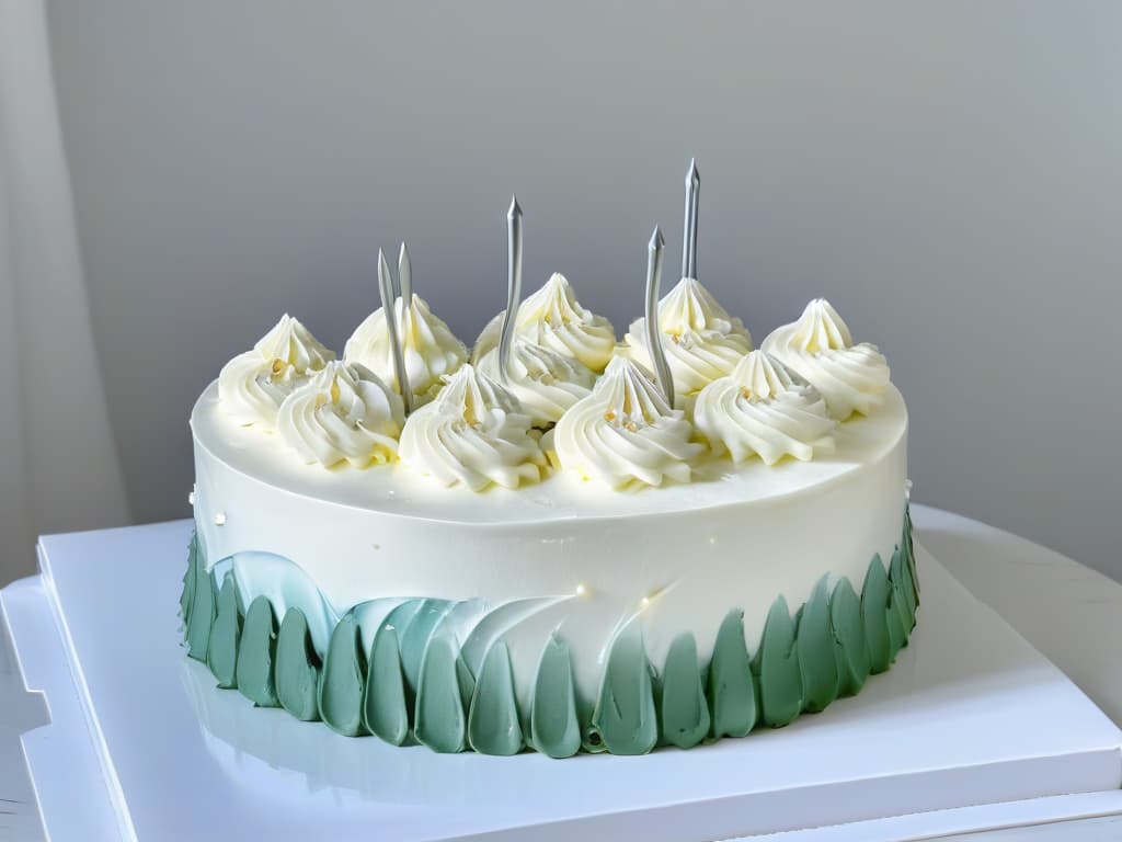  An image of a pristine white marble countertop with an array of gleaming stainless steel cake decorating tips neatly arranged in a row, catching the light to showcase their intricate designs. Each tip is impeccably polished, reflecting a soft glow, while the background remains blurred to emphasize the precision and elegance of the tools. The composition exudes a sense of professionalism and sophistication, enticing the viewer with the promise of achieving flawless cake decorations with the right choice of tips. hyperrealistic, full body, detailed clothing, highly detailed, cinematic lighting, stunningly beautiful, intricate, sharp focus, f/1. 8, 85mm, (centered image composition), (professionally color graded), ((bright soft diffused light)), volumetric fog, trending on instagram, trending on tumblr, HDR 4K, 8K