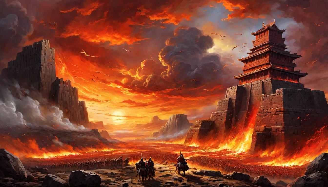  digital painting of Dramatic fiery skies over an ancient battlefield, opposing forces drawn in stark relief, anticipation of a decisive confrontation, epic scale, imminent clash, raw power looking at viewer, dynamic pose, (intricate details, masterpiece, best quality)