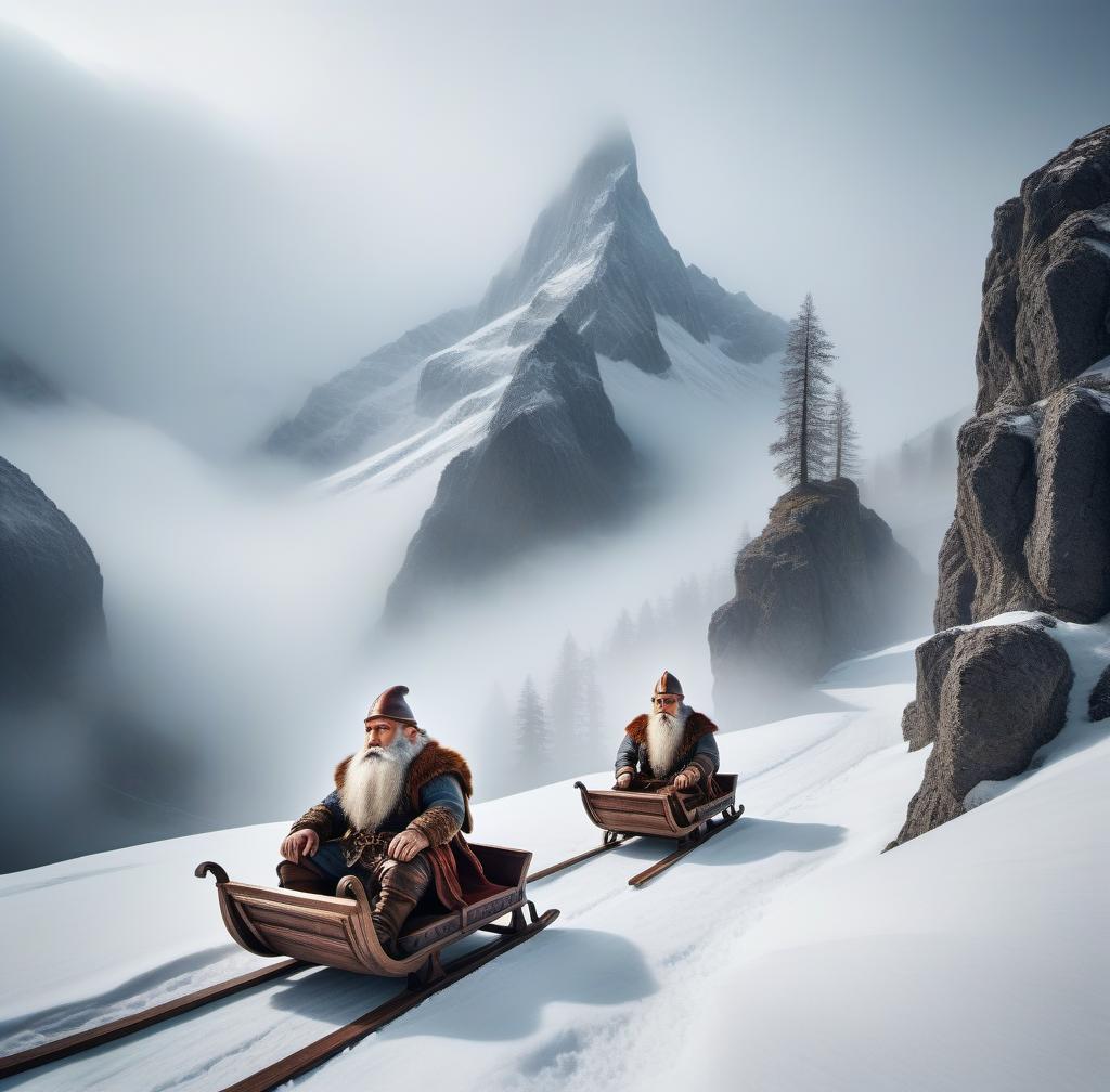  two dwarves on a sled going downhill from the mountains hyperrealistic, full body, detailed clothing, highly detailed, cinematic lighting, stunningly beautiful, intricate, sharp focus, f/1. 8, 85mm, (centered image composition), (professionally color graded), ((bright soft diffused light)), volumetric fog, trending on instagram, trending on tumblr, HDR 4K, 8K