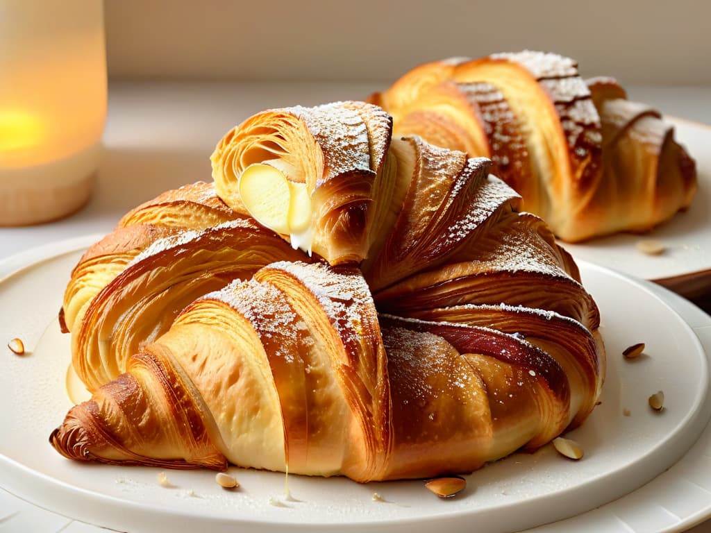  An ultradetailed closeup image of a perfectly golden and flaky croissant, fresh out of the oven. The delicate layers of the pastry are clearly visible, glistening with a light brush of honey and sprinkled with finely chopped almonds. Steam rises gently from the croissant, emphasizing its warm and inviting aroma. The background is softly blurred, highlighting the intricate textures and inviting the viewer to savor the moment of indulgence. hyperrealistic, full body, detailed clothing, highly detailed, cinematic lighting, stunningly beautiful, intricate, sharp focus, f/1. 8, 85mm, (centered image composition), (professionally color graded), ((bright soft diffused light)), volumetric fog, trending on instagram, trending on tumblr, HDR 4K, 8K