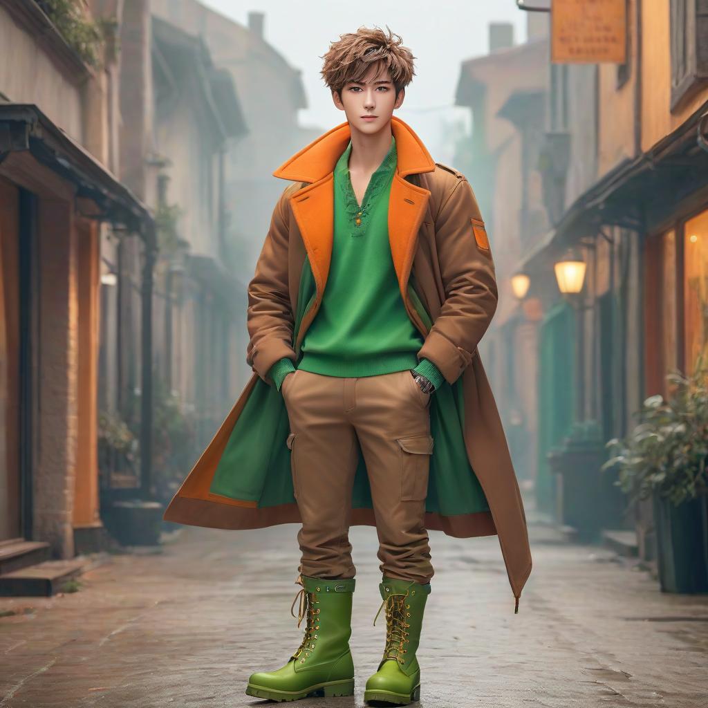  Happy and bright boy with short messy hair. Orange boots with green laces. Bright colors. No black. Daring. Brown eyes. Stands tall. Coat with aV neck. Beige background. hyperrealistic, full body, detailed clothing, highly detailed, cinematic lighting, stunningly beautiful, intricate, sharp focus, f/1. 8, 85mm, (centered image composition), (professionally color graded), ((bright soft diffused light)), volumetric fog, trending on instagram, trending on tumblr, HDR 4K, 8K