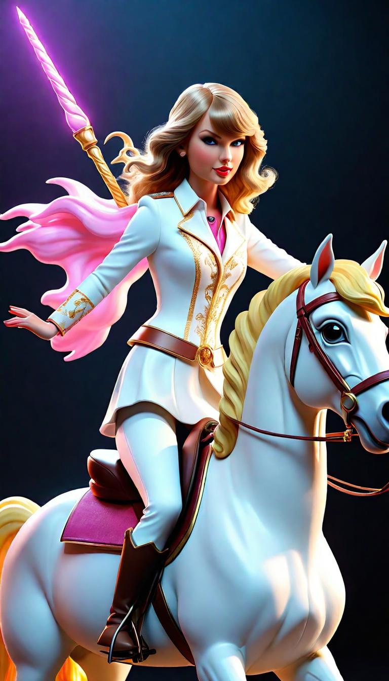  Professional 3D model of Taylor Swift Riding A Unicorn . Rendered with Octane, the model is highly detailed,dramatic lighting. hyperrealistic, full body, detailed clothing, highly detailed, cinematic lighting, stunningly beautiful, intricate, sharp focus, f/1. 8, 85mm, (centered image composition), (professionally color graded), ((bright soft diffused light)), volumetric fog, trending on instagram, trending on tumblr, HDR 4K, 8K