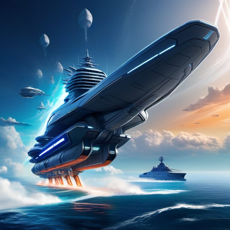  futuristic style (Masterpiece: 1.9), sci-fi science, futuristic naval ship, 1 ship sailing on the sea, spray trail behind ship, fantasy setting, futuristic maritime transport, future ship, big boat, big ship, sea, high-speed transport, respect for proportions, mysterious environments, sci-fi trends, futurism , (complex details:1.9), (epic realism), RAW photo, 8k uhd, DSLR, soft lighting, high quality, film grain, Fujifilm XT3, action scene, sharp focus, focus on detail (five-point perspective effect: 1.9 ) . sleek, modern, ultramodern, high tech, detailed