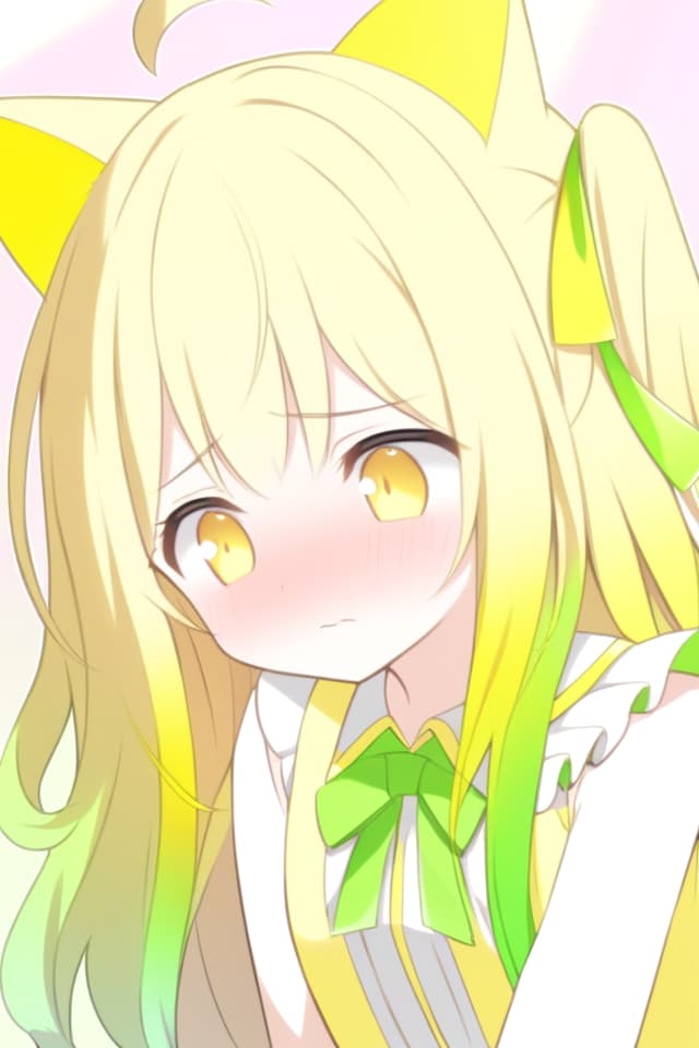  Girls, cute, idols, clothes are colored, green and yellow, shy feeling, long hair, hair color, yellow and yellow gradation, cat ears, cat poses, one person, one person.