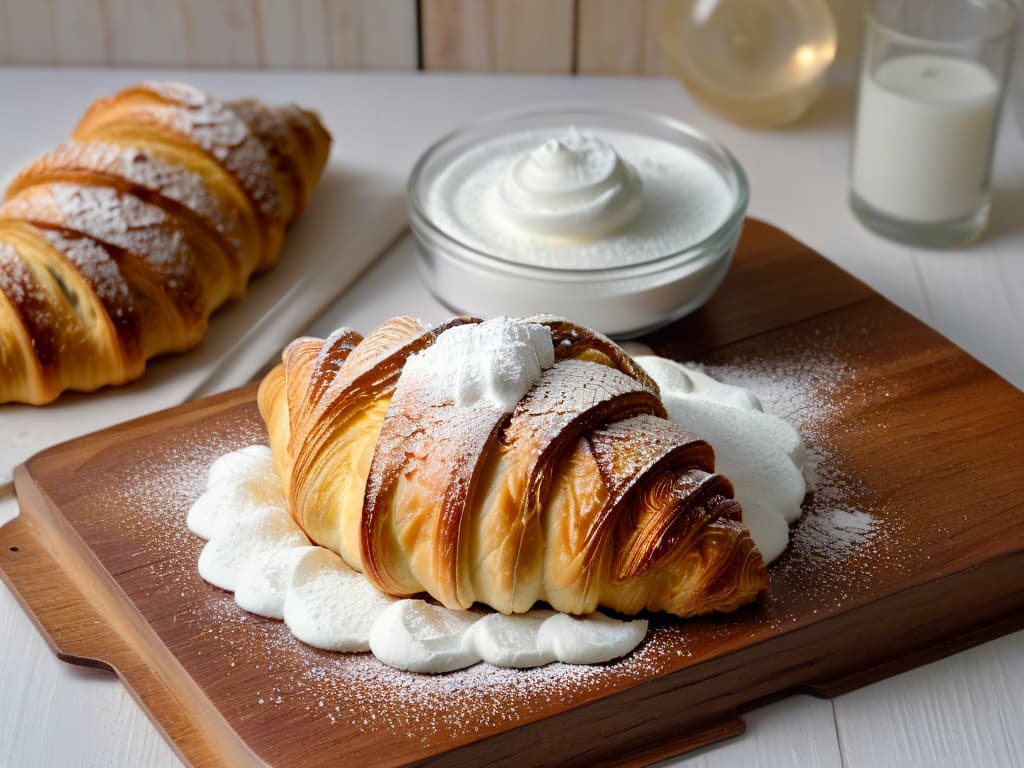  A closeup, ultradetailed image of a perfectly golden and flaky glutenfree croissant, sprinkled with powdered sugar, resting on a rustic wooden table. The layers of the croissant are visible, showcasing a light and airy texture that challenges the notion that glutenfree pastries lack in taste and quality. The minimalistic composition highlights the craftsmanship and attention to detail in creating a glutenfree pastry that is both visually appealing and delicious. hyperrealistic, full body, detailed clothing, highly detailed, cinematic lighting, stunningly beautiful, intricate, sharp focus, f/1. 8, 85mm, (centered image composition), (professionally color graded), ((bright soft diffused light)), volumetric fog, trending on instagram, trending on tumblr, HDR 4K, 8K