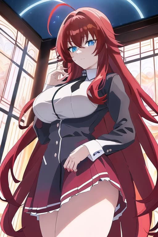  ,masterpiece, best quality, 1women, long red hair, looking at viewer, :3, cute, black uniform, outdoors, streets, cowboy shot, curvy, (((blue eyes))), rias gremory, red hair, antenna hair, wavy hair, ((beautiful detailed eyes, beautiful detailed glow, lots of glow)), anime screencap