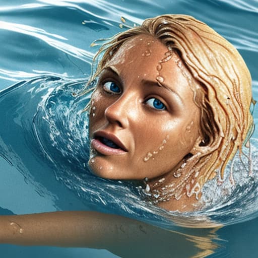  tanned blonde woman's face is in the water she's sinking and drowning she's panic a lot of water waves and splashes around her