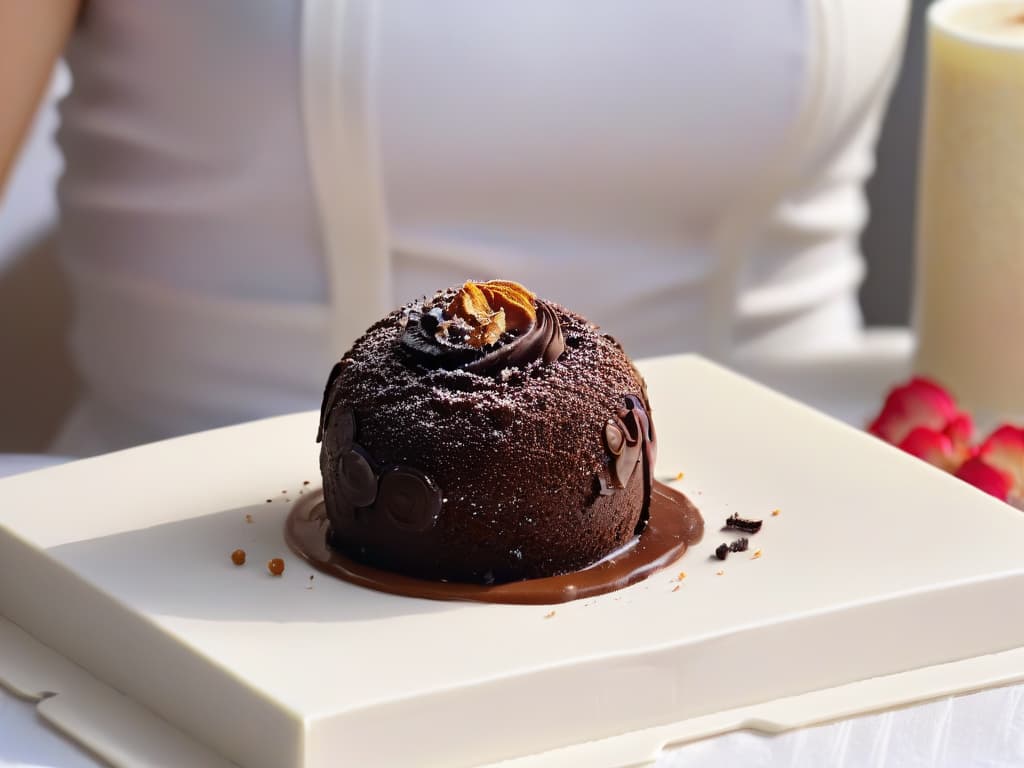  A closeup, ultradetailed image of a hand holding a perfectly crafted chocolate truffle, with a smooth, glossy surface reflecting soft natural light. The truffle is delicately dusted with a fine cocoa powder, showcasing intricate swirls and patterns. The background is blurred, emphasizing the luxurious texture and rich color of the chocolate treat. hyperrealistic, full body, detailed clothing, highly detailed, cinematic lighting, stunningly beautiful, intricate, sharp focus, f/1. 8, 85mm, (centered image composition), (professionally color graded), ((bright soft diffused light)), volumetric fog, trending on instagram, trending on tumblr, HDR 4K, 8K