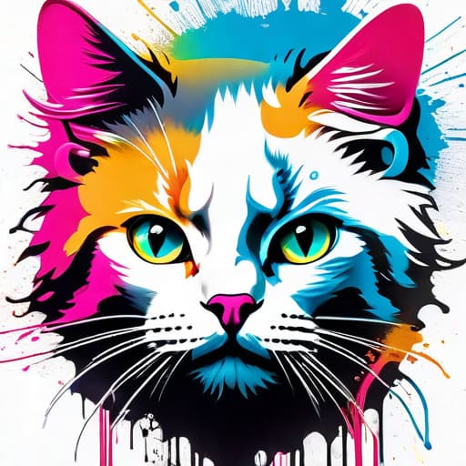  ((white background)),Banksy style, graffiti style Impactful composition, neon heat splash paint across the shape of a ragdoll cat face, ((artistic)), zoom out, full shoot, high detail, vibrant, urban, detailed, tag, mural hyperrealistic, full body, detailed clothing, highly detailed, cinematic lighting, stunningly beautiful, intricate, sharp focus, f/1. 8, 85mm, (centered image composition), (professionally color graded), ((bright soft diffused light)), volumetric fog, trending on instagram, trending on tumblr, HDR 4K, 8K