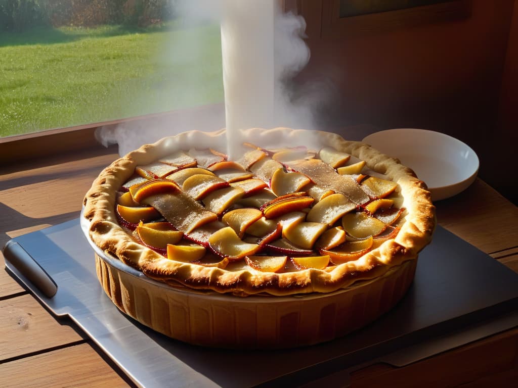  A closeup, ultradetailed image of a freshly baked apple pie cooling on a rustic wooden windowsill, with steam rising from the golden, flaky crust and the sunlight filtering through the window, casting a warm, inviting glow on the pie's spiced apple filling. The lattice crust is intricately woven, showcasing the layers of thinly sliced apples peeking through, glistening with a light sugar glaze, surrounded by a scattering of cinnamon sticks, whole cloves, and a few scattered fallen leaves, evoking a cozy autumnal atmosphere. hyperrealistic, full body, detailed clothing, highly detailed, cinematic lighting, stunningly beautiful, intricate, sharp focus, f/1. 8, 85mm, (centered image composition), (professionally color graded), ((bright soft diffused light)), volumetric fog, trending on instagram, trending on tumblr, HDR 4K, 8K