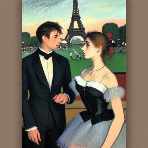  attractive young Parisian couple dressed in modern designer outfits who are romantically together in Paris. Foreground a small plate of fine dark chocolate pieces of candy on a bedside table. Background night with a lite Eiffel Tour Monument. Painting style of Edgar Degas