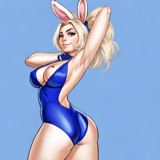  An anthropomorphic bunny superheroine with white fur wearing a blue thong leotard. Over the shoulder heroic pose. Incredible ass.