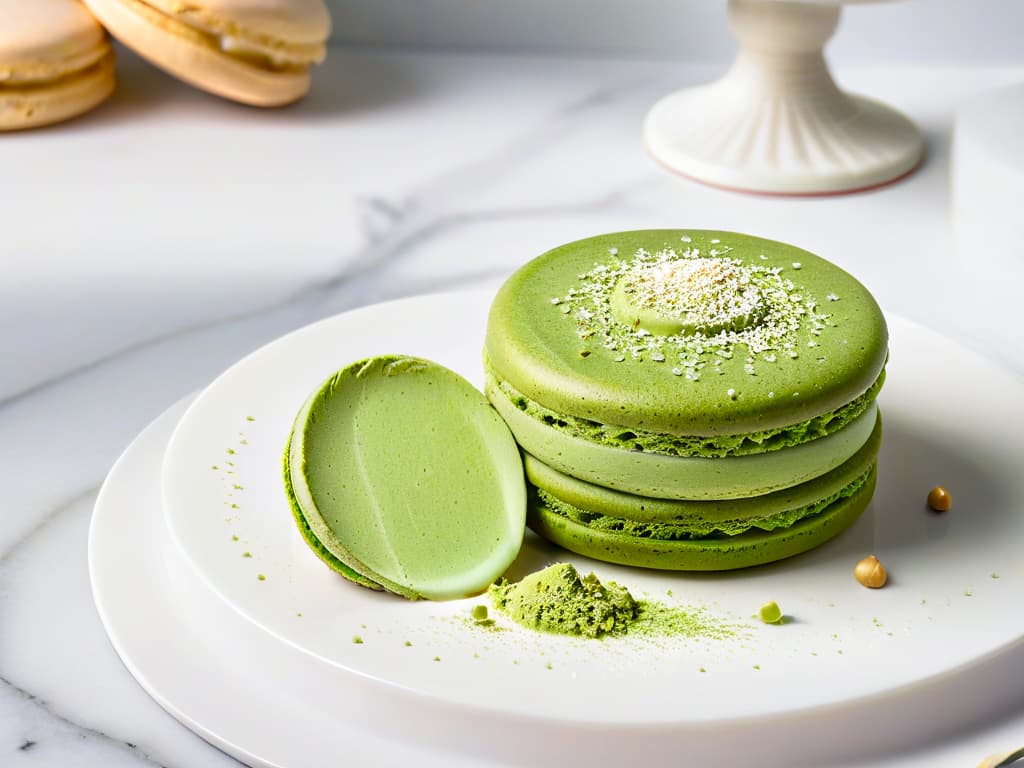  An ultradetailed closeup image of a delicate green matcha macaron with a perfectly smooth and shiny surface, dusted with a light sprinkle of powdered matcha. The macaron is elegantly placed on a pristine white marble countertop, showcasing its intricate details and inviting texture. The natural light gently illuminates the macaron, highlighting its vibrant green color and creating a sense of sophistication and culinary artistry. hyperrealistic, full body, detailed clothing, highly detailed, cinematic lighting, stunningly beautiful, intricate, sharp focus, f/1. 8, 85mm, (centered image composition), (professionally color graded), ((bright soft diffused light)), volumetric fog, trending on instagram, trending on tumblr, HDR 4K, 8K