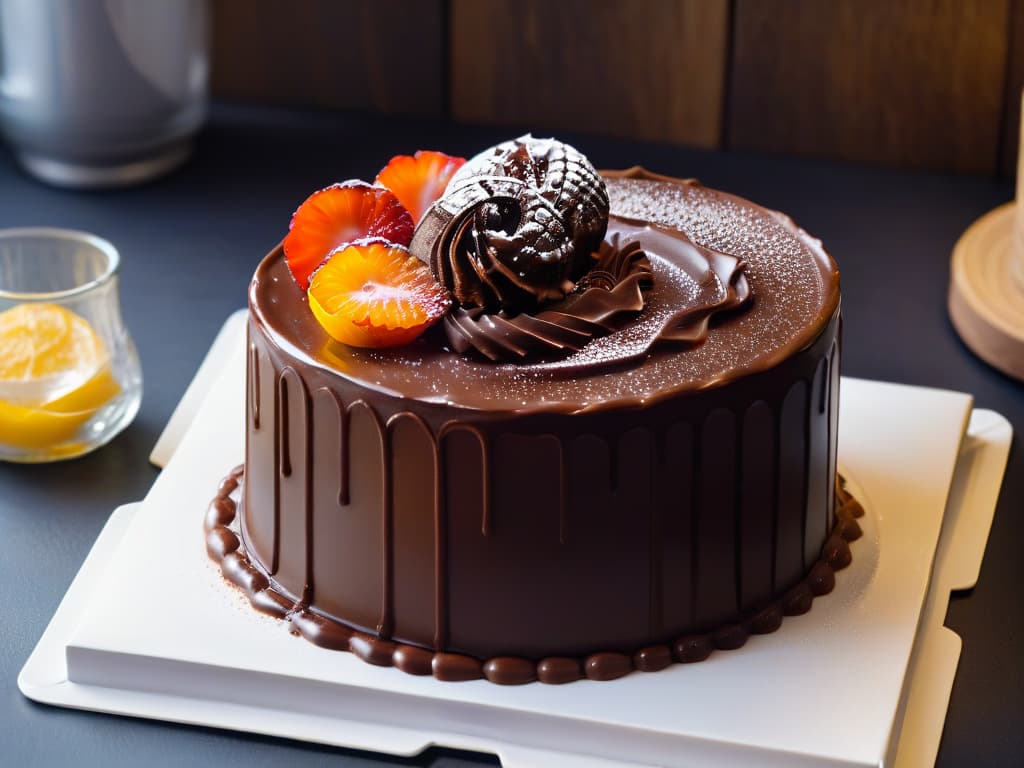  A closeup, ultradetailed image of a perfectly smooth and glossy chocolate ganache being slowly poured over a delicate sponge cake layer, captured in high resolution to highlight the intricate texture and shine of the dessert. The contrast between the velvety chocolate and the airy cake, with a hint of steam rising from the ganache, creates a visually striking and mouthwatering composition that embodies the essence of precision and perfection in vacuumsealed pastry making. hyperrealistic, full body, detailed clothing, highly detailed, cinematic lighting, stunningly beautiful, intricate, sharp focus, f/1. 8, 85mm, (centered image composition), (professionally color graded), ((bright soft diffused light)), volumetric fog, trending on instagram, trending on tumblr, HDR 4K, 8K