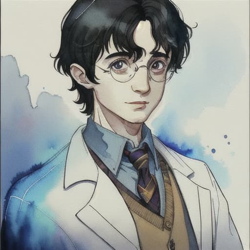  A scientist who looks like Harry Potter in watercolor