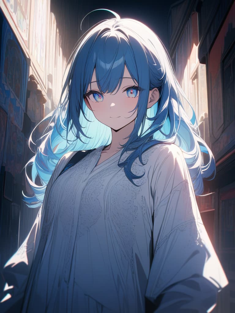  a beautiful blue haired girl,long messy hair,ultra detailed,deep shadow,beautiful detailed deep rainbow eyes,cute and beautiful face,shy smile,white shirt,upper body view,colorful,(masterpiece:1.2),(best quality:1.2),detailed background,high contrast,(best illumination,an extremely delicate and beautiful),((cinematic light)),hyper detail,dramatic light,intricate details,8k,anime,very aesthetic,, masterpiece, best quality,8k,ultra detailed,high resolution,an extremely delicate and beautiful,hyper detail