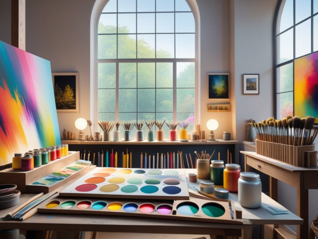  A vibrant and dreamy Impressionist painting depicting an artist's studio filled with colorful paints, brushes, and unfinished art installations. Sunlight streams through a large window, casting a warm glow over the creative chaos of the space. The artist's hands are blurred in motion as they work on a large, abstract sculpture, surrounded by sketches and inspiration boards. The painting captures the essence of the creative process behind artistic installations, with a focus on color, light, and movement. hyperrealistic, full body, detailed clothing, highly detailed, cinematic lighting, stunningly beautiful, intricate, sharp focus, f/1. 8, 85mm, (centered image composition), (professionally color graded), ((bright soft diffused light)), volumetric fog, trending on instagram, trending on tumblr, HDR 4K, 8K