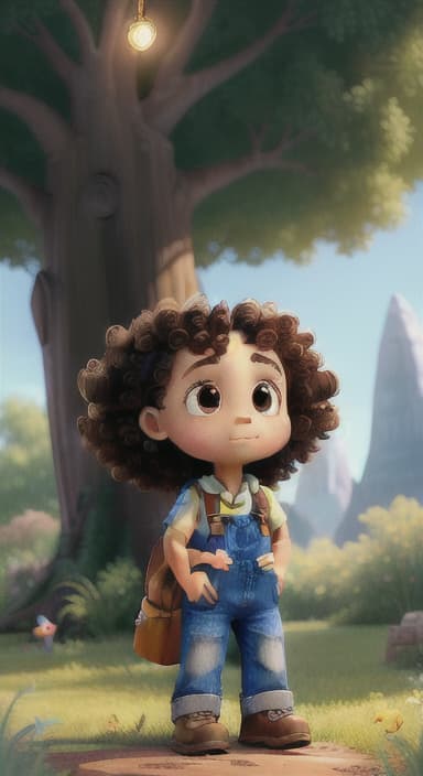  {The tree shining brightly and releasing a gentle, magical light., Riley, a curious with big brown eyes and curly hair, wearing overalls and carrying a small backpack. Their friend, Skye, a bluebird with shiny feathers.