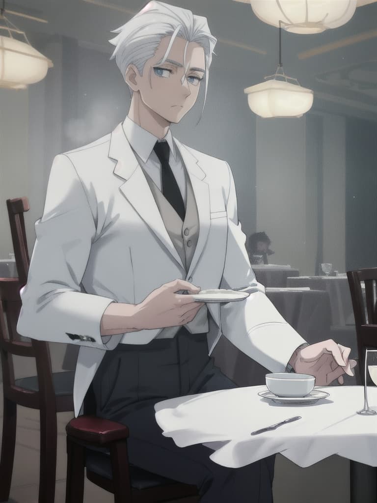  (anime cartoon man), (caucasian ethnicity, pale skin), young, wide body, blue eyes, slicked back hair, white hair, suit and shirt clothing, Wearing a suit and shirt, sitting at the dinner table in a fancy restaurant at night with dim lights  hyperrealistic, full body, detailed clothing, highly detailed, cinematic lighting, stunningly beautiful, intricate, sharp focus, f/1. 8, 85mm, (centered image composition), (professionally color graded), ((bright soft diffused light)), volumetric fog, trending on instagram, trending on tumblr, HDR 4K, 8K