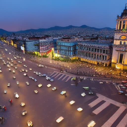  The Zócalo square in Mexico City with a 1940s Chevrolet among people and a dusk between a full moon