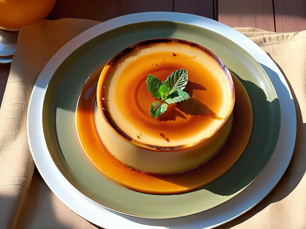  A closeup, photorealistic image of a perfectly caramelized flan resting on a delicate ceramic plate, showcasing its smooth, creamy texture with a glossy caramel glaze reflecting the light. The flan is garnished with a fresh mint leaf and a sprinkle of finely grated orange zest, highlighting its homemade perfection and tempting the viewer with its rich, decadent appearance. hyperrealistic, full body, detailed clothing, highly detailed, cinematic lighting, stunningly beautiful, intricate, sharp focus, f/1. 8, 85mm, (centered image composition), (professionally color graded), ((bright soft diffused light)), volumetric fog, trending on instagram, trending on tumblr, HDR 4K, 8K