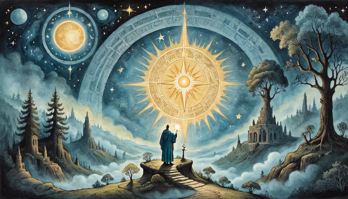  on parchment, surrealism+++, Individual wearing a celestial themed robe reaching towards a radiant star above, below, earth with dark forests and ancient ruins, cosmic energy connecting heavens and earth, clandestine glow, mystical convergence(mysterious, provocative, symbolic,muted color)+++