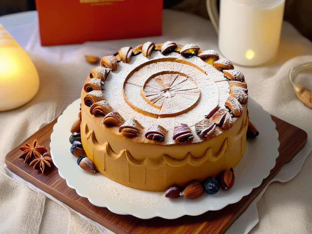  An ultradetailed closeup image of a freshly baked Bolo del Rei mozambiqueño, showcasing its intricate golden crust studded with almonds, candied fruits, and a dusting of powdered sugar. The image captures the rich texture of the moist crumb, revealing layers of fragrant spices like cinnamon and nutmeg. The background is blurred to emphasize the cake's elegant simplicity, inviting the viewer to savor the traditional flavors and artisanal craftsmanship of this beloved Mozambican dessert. hyperrealistic, full body, detailed clothing, highly detailed, cinematic lighting, stunningly beautiful, intricate, sharp focus, f/1. 8, 85mm, (centered image composition), (professionally color graded), ((bright soft diffused light)), volumetric fog, trending on instagram, trending on tumblr, HDR 4K, 8K